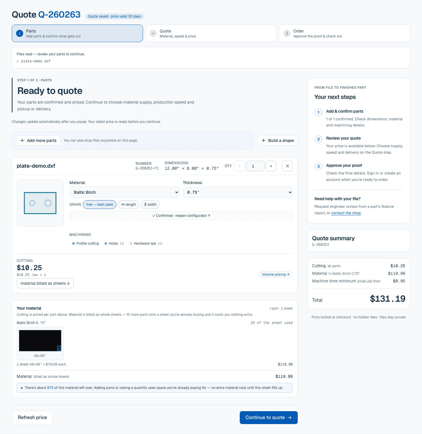 Sample quote workspace showing a part preview and itemized price